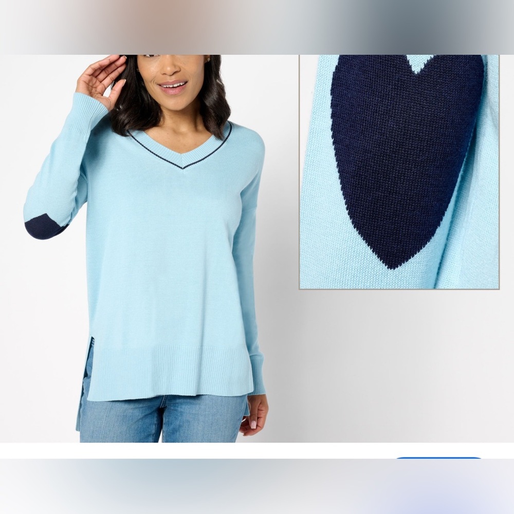 Sky Blue V-Neck Sweater with Dark Blue Heart Detail
